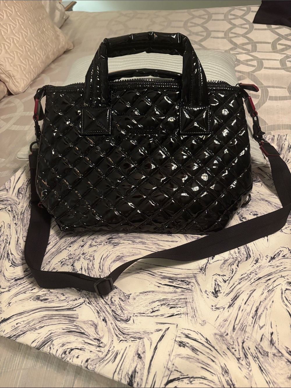 MZ Wallace Black Quilted Patent Shoulder Bag with Adjustable Strap